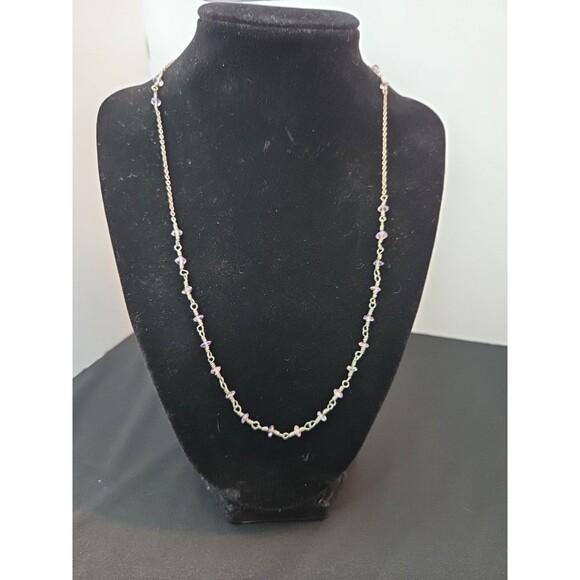 925 Silver Necklace 18" With Purple Stationed Stones Lightweight Dainty February - Picture 1 of 5